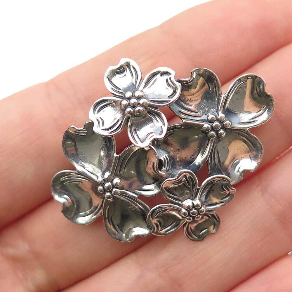 BEAU 925 Sterling Silver Vintage Dogwood Flower Oxidized Pin Brooch